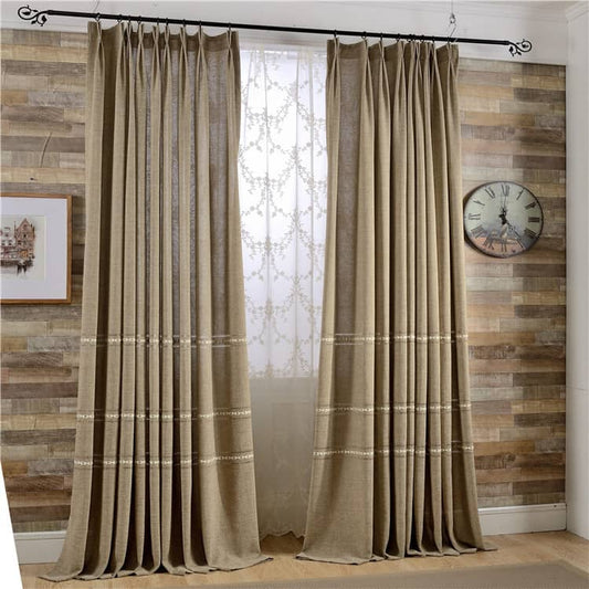 Classic Retro Embroidery Natural Linen Darkening Curtains Drapes