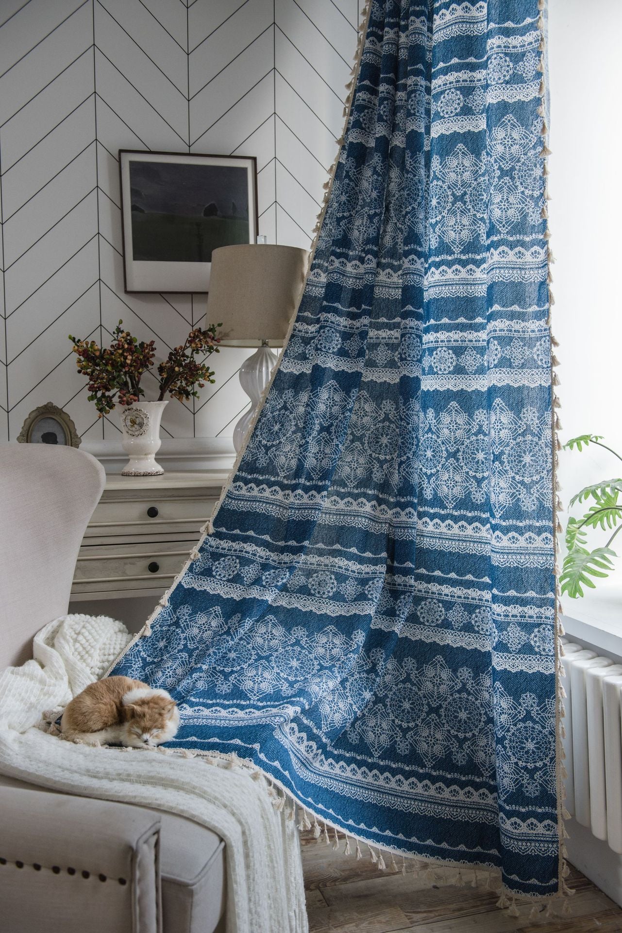 Classic Blue Denim Lace Cotton Linen Curtains Geometric Drapes with Tassels