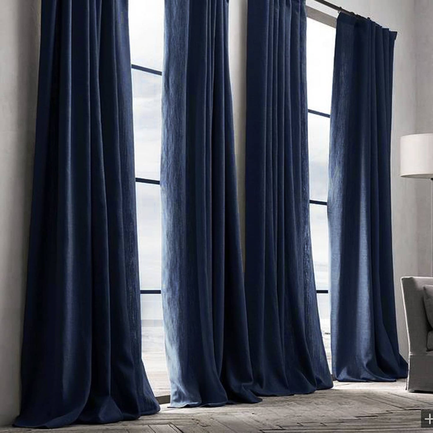 Navy Blue Natural Plain Linen Curtains and Drapes 2 Panels