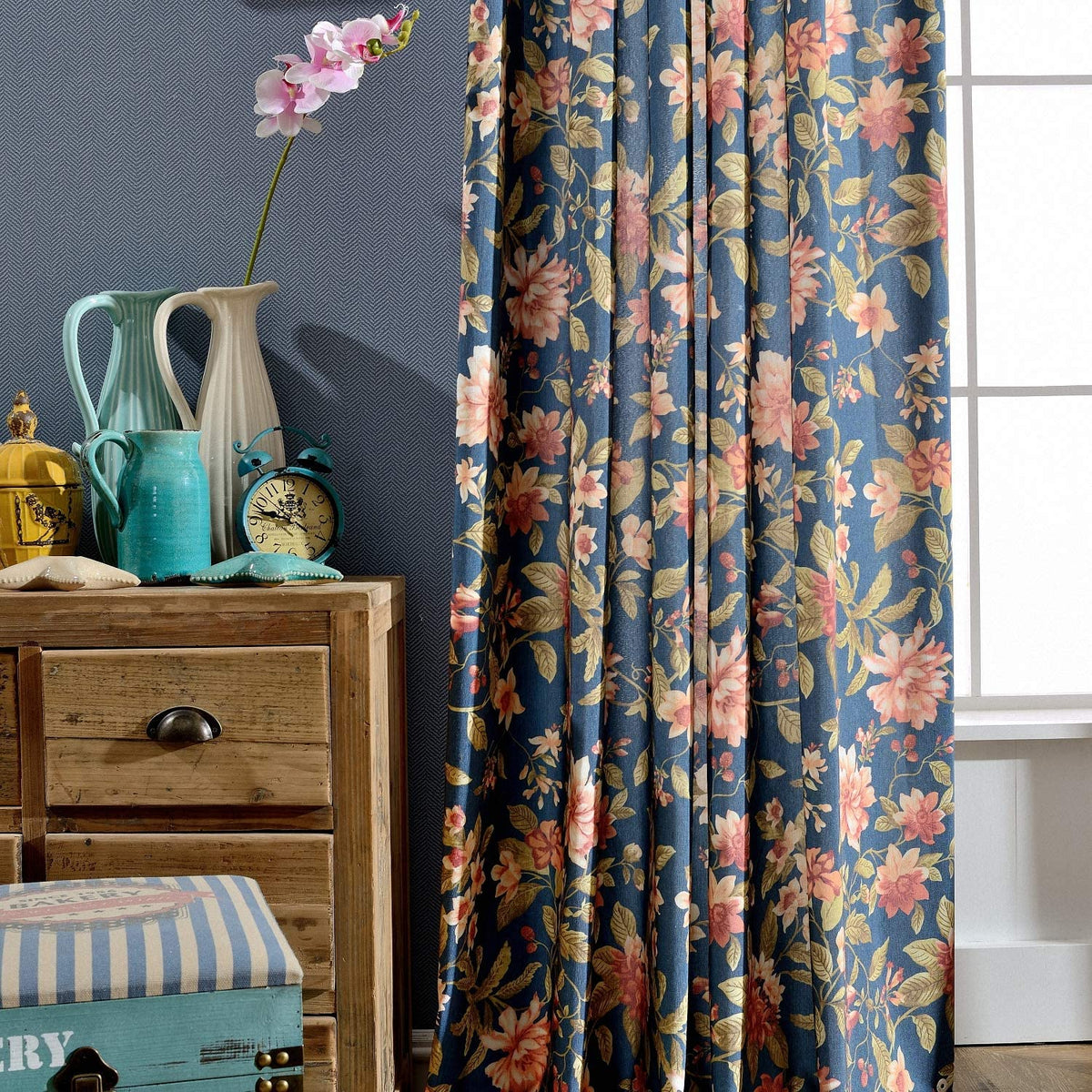 Navy Vintage Floral Curtains Room Darkening Drapes For Living Room ...