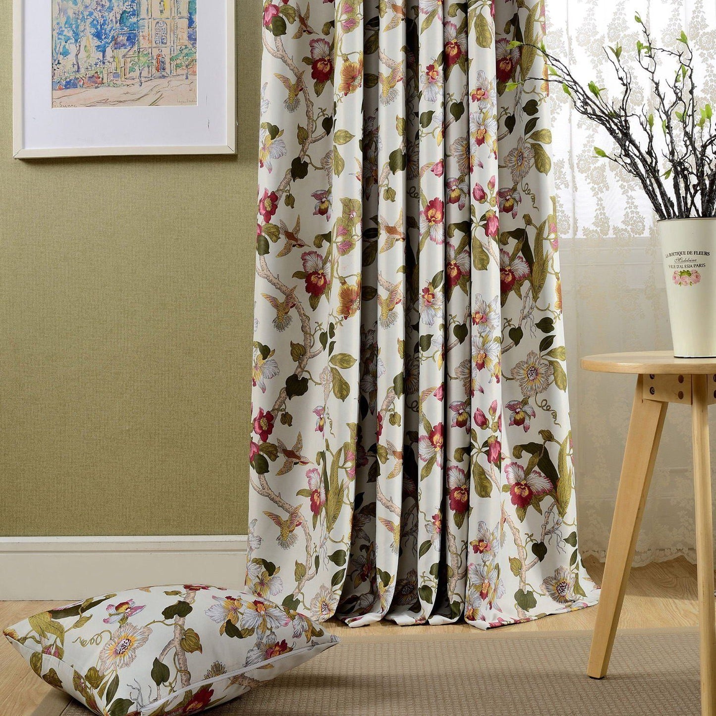 Blackout Red Flower Curtains Birds Drapes for Bedroom 1 Set of 2 Panels - Anady Top Space Design