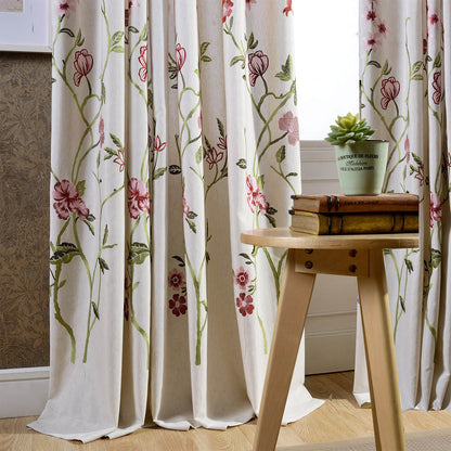 Red Flower Linen Curtains Exquisite Embroidered Drapes for Living Room - Anady Top Space Design