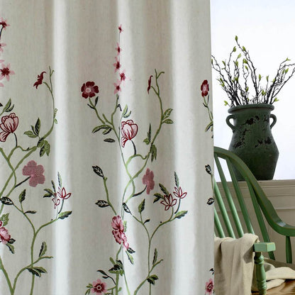 Red flower linen curtains exquisite embroidered drapes for living room