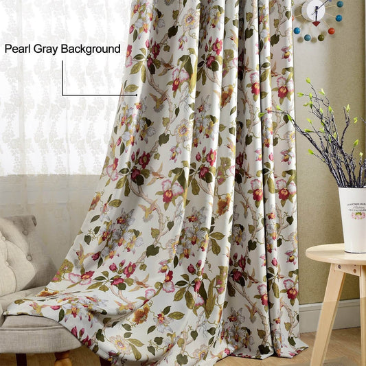 Blackout Red Flower Curtains Birds Drapes for Bedroom 1 Set of 2 Panels - Anady Top Space Design