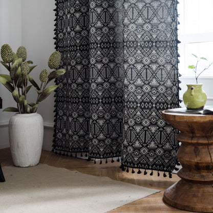 Black Floral Geometric Curtains Ceiling Drapes with Tassels