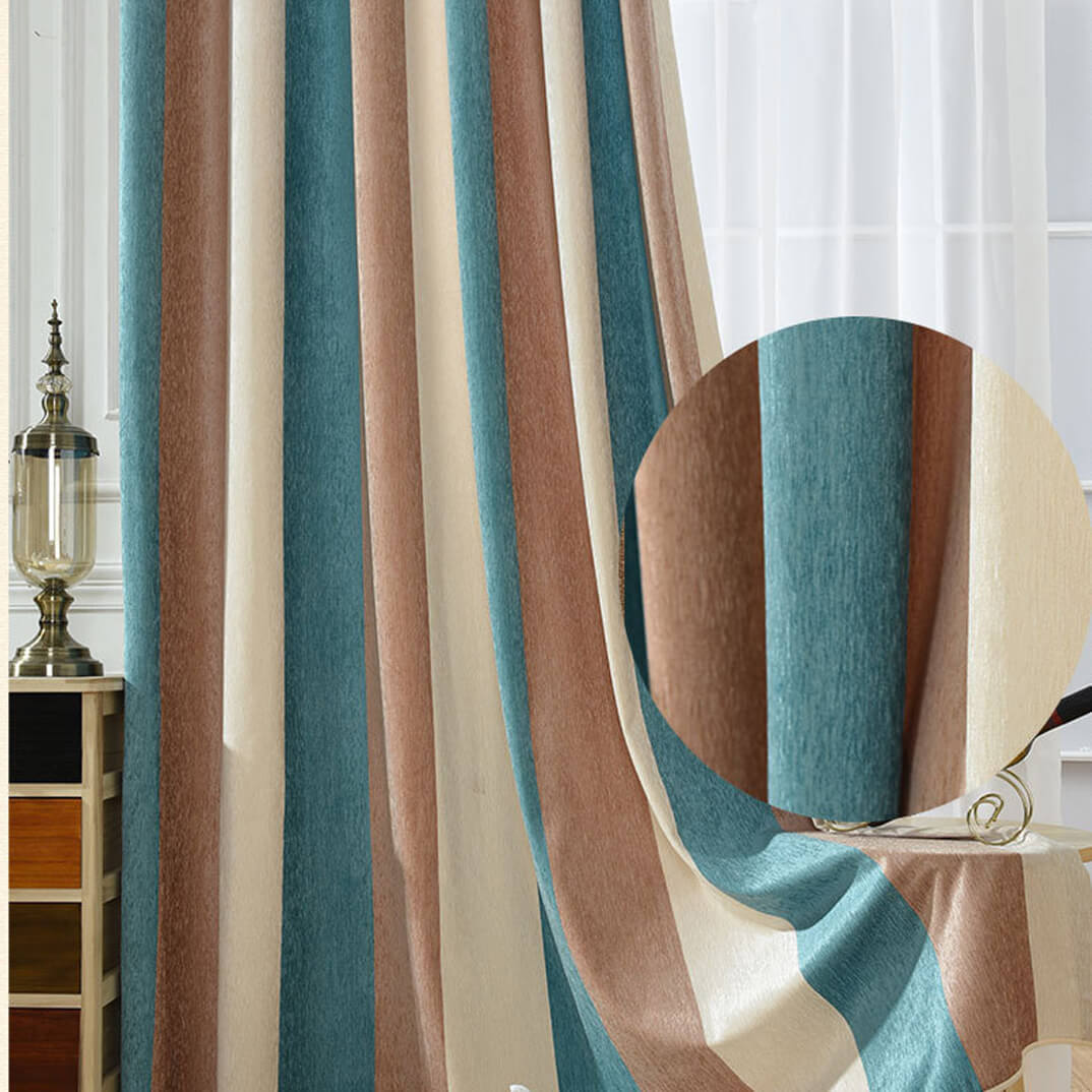 Blue/Brown/Beige Striped Curtains Grommet Top Chenille Drapes for Bedroom Set of 2 Panels - Anady Top Space Design