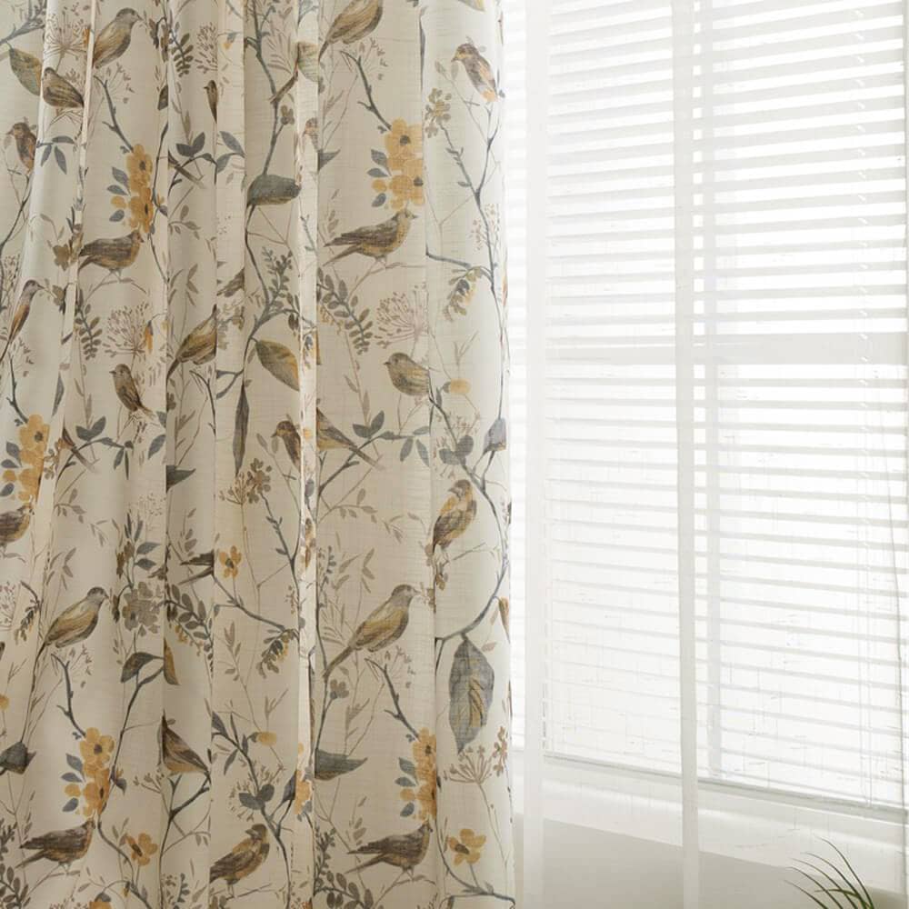 White Yellow Gray Birds Floral Curtains Living Room Blackout
